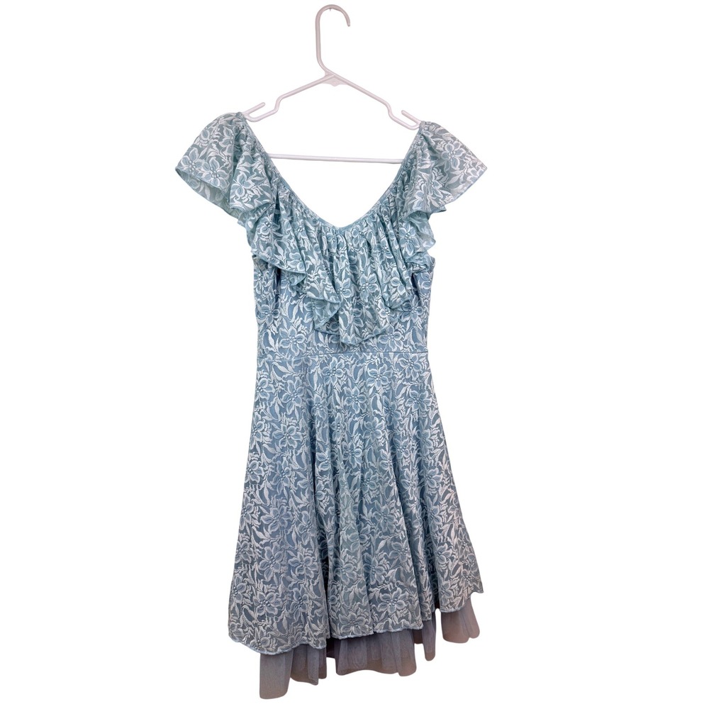 Disney Cinderella Light Blue Floral Lace Ruffle Dress Tulle Hem Womens M - Picture 2 of 8